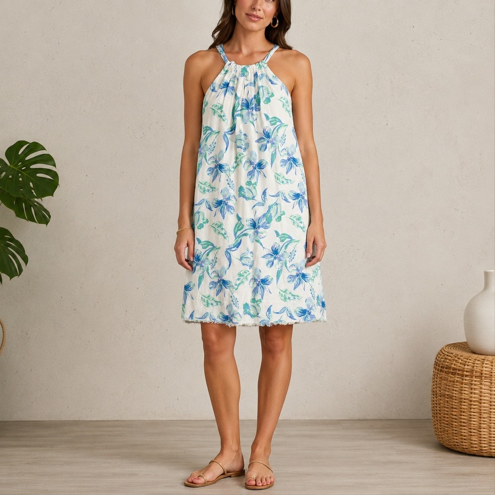 Charlie Paige Linen Blend Floral Halter Shift Dress Small Blue Resort Beach